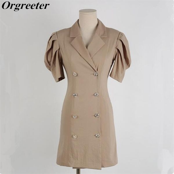 

summer korean temperament double-breasted notched collar ruched puff sleeve thin blazer dress streetwear mini 210602, Black;gray