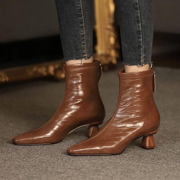 

boots pointed toe med heels women ankle basic fashion concise genuine leather office lady shoes woman autumn winter, Black