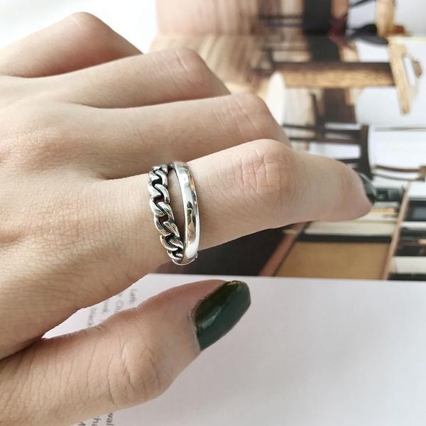 

cluster rings silvology 925 sterling silver double layers chain retro glossy line elegant temperament for women korea jewelry gift, Golden;silver