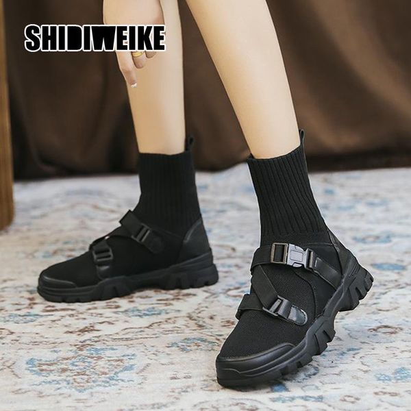 

boots fashion ankle woman 2021 ladies casual stretch fabric socks metal button women va128, Black