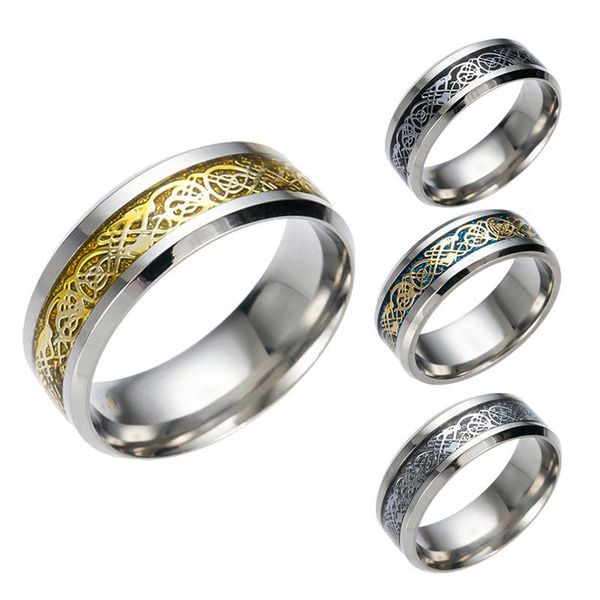 

cluster rings punk stainless steel dragon pattern for men inlay comfort fit wedding ring wide 8mm, Golden;silver