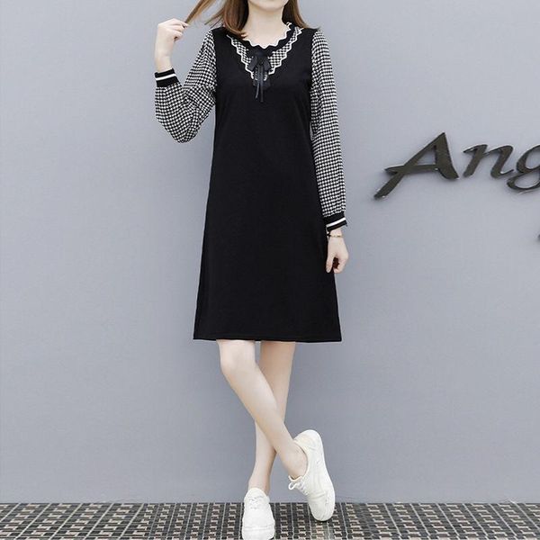 

casual dresses women's spring autumn dress v-neck bow long sleeve plaid patchwork elegant 3253, Black;gray