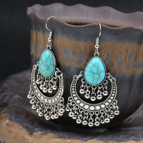 

vintage turquoises drop tassel dangle earrings for women jewelry ethnic beads bohemian geometric antique silver color earrings