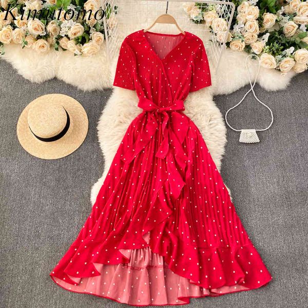 

kimutomo holiday wind dot dress summer elegant female v-neck irregular ruffles slim waist short sleeve vestidos 210521, Black;gray
