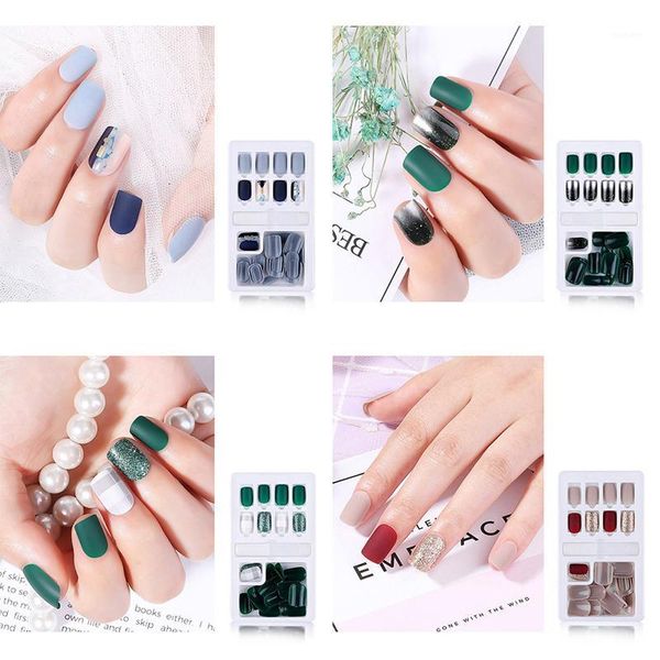 

24pcs artificial fake nail art with glue round head full tips tool green leaf pattern false nails diy design1, Red;gold