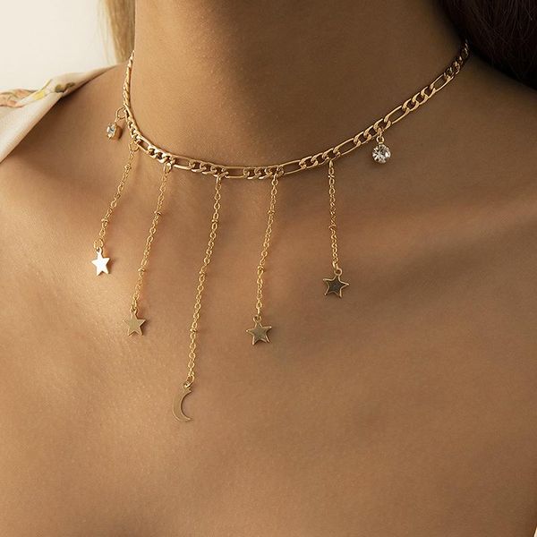 

chains gsold trendy geometric star moon rhinestone tassel necklace simple figaro clavicle chain women alloy fashion jewelry 2021, Silver