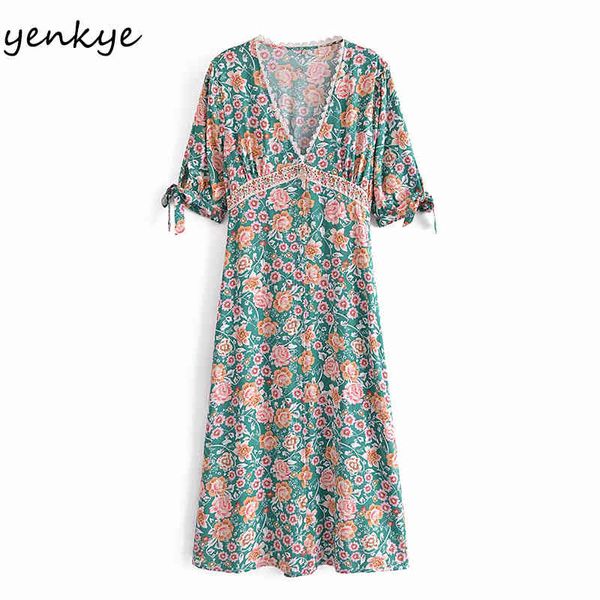 

holiday summer boho dress women vintage floral print casual long female sweet lace trim v neck short sleeve vestido 210430, Black;gray
