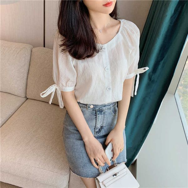 

women summer shirt button trf blouses for 's clothing female white v-neck short sleeve with strap ol 210604