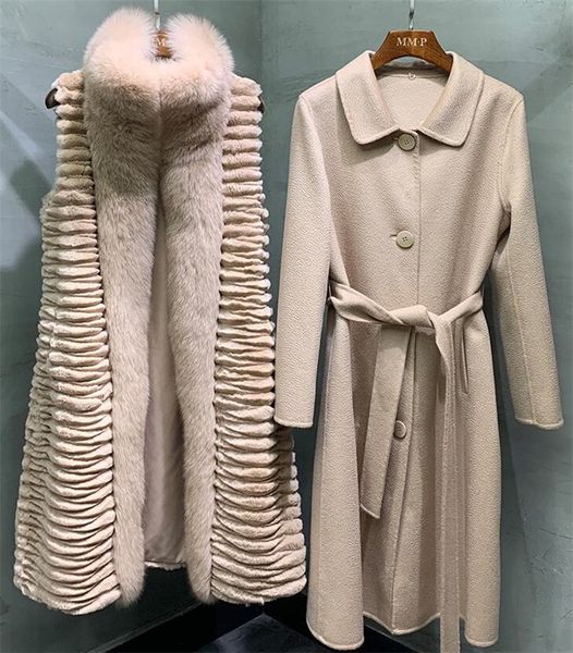 

women's trench coats detachable rex rabbit fur liner coat women natural fox collar double faced wool jacket long warm thicken fema, Tan;black