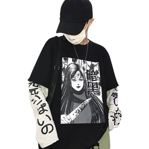 

women's hoodies & sweatshirts japanese anime print women sweatshirt fake 2 pieces o-neck long sleeve casual loose female streetwear, Black