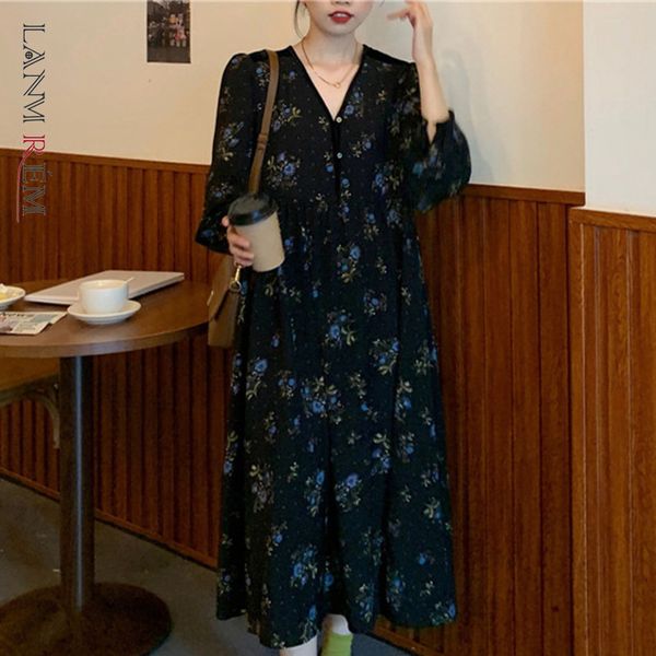 

loose floral dresses large size v neck long sleeve women spring summer casual female lady streetwear dress 2d1285 210507, Black;gray