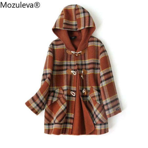 

ox horn button woolen coat woman autumn winter plaid women's 210427, Black