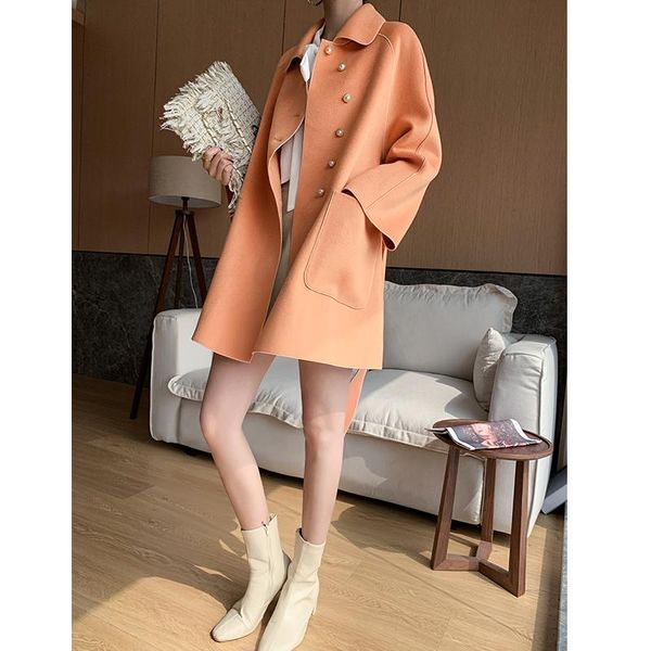 

women's wool & blends autumn winter coat women 100% female long jackets korean spring elegant woolen jacket black belt overcoat 1992