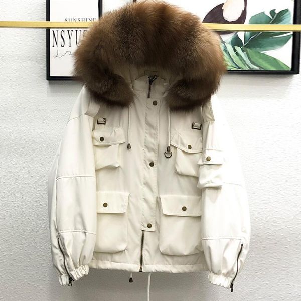 

women's down & parkas thicken warm winter coat women short loose feather snow 90% white duck jacket real raccoon fur hooded psxh, Black