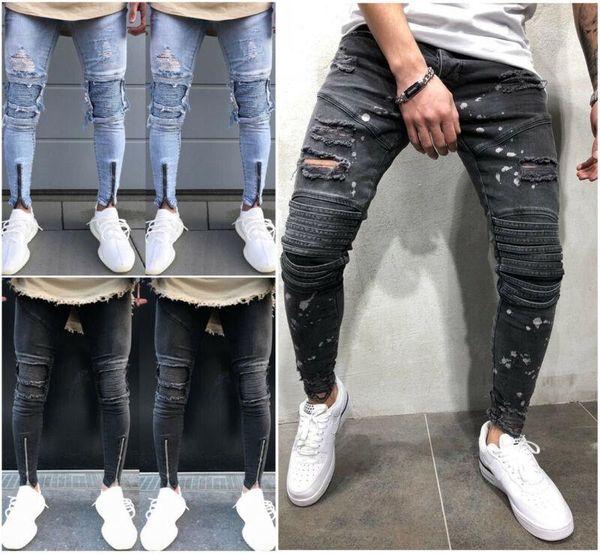 

men ripped dot printed skinny jeans destroyed frayed slim fit denim pant casual hole zipper balck pants men's, Blue