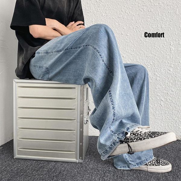 

men's jeans 2021 autumn port style ins ultra-thin vertical ice silk pants legged tencel casual, Blue
