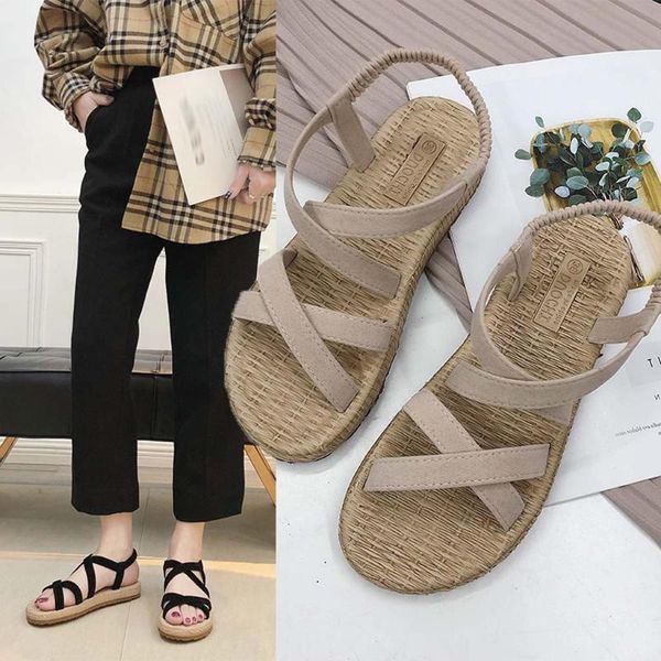 

summer shoes woman open toe one-strap belt wraps cross-knit flat women's sandals plus size#g3, Black