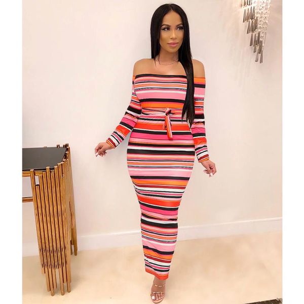 

casual dresses felyn 2021 arrival fashion design dress striped off shoulder long sleeve bodycon maxi vestidos, Black;gray