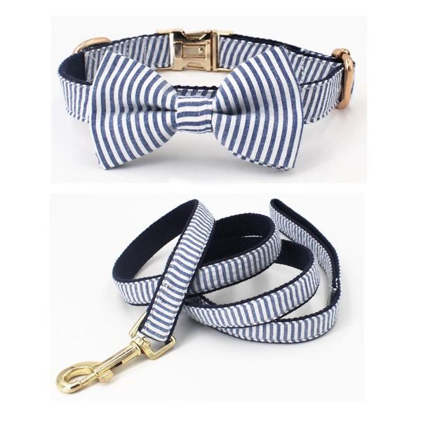 

dog collars & leashes seersucker blue stripe bowtie collar with detachable for dogs wedding,party,family po gifts