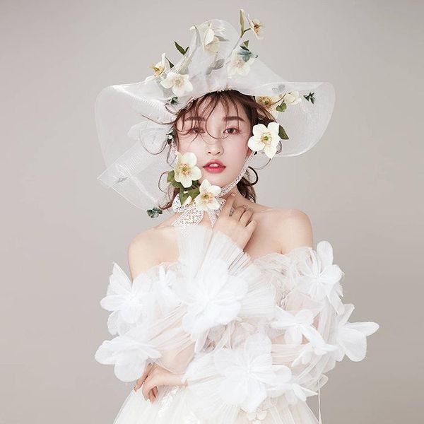 

stingy brim hats costumes pograph white hat private party cosplay festvial elegant vitnage lace flower stage show wedding ads, Blue;gray