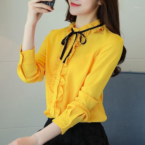 

women's blouses & shirts women spring autumn style lady casual long sleeve stand colloar ruffles decor blusas, White