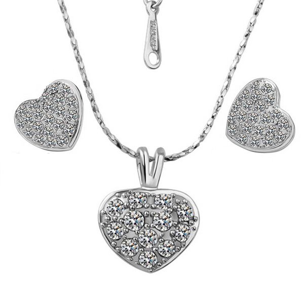 

18k platinum plated heart jewelry sets fashion stud earrings pendant necklaces austrian crystal women jewelery set, Silver
