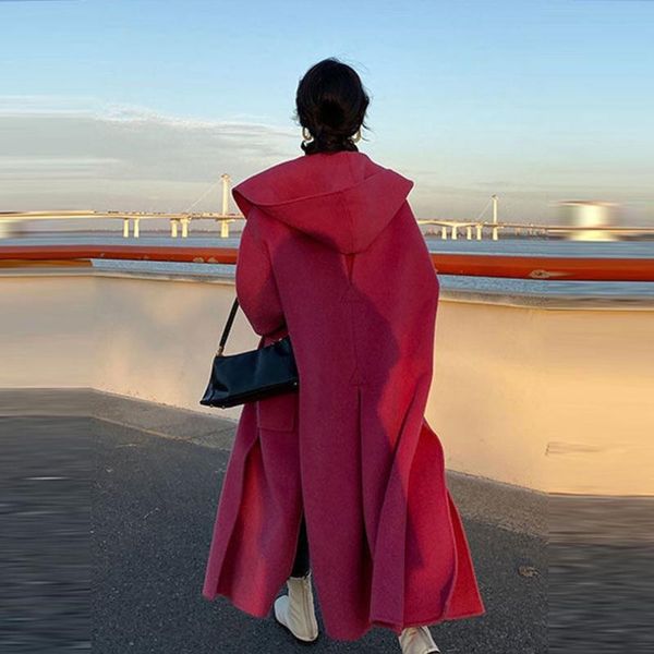 

women's trench coats autumn and winter korean hooded tweed coat medium long temperament double-sided, Tan;black