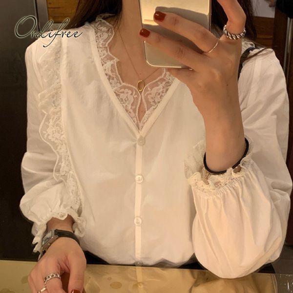 Summer Donne Blouse Bianco Blusa a maniche lunghe Laccio Crochet Camicia di base Chemise femme 210415