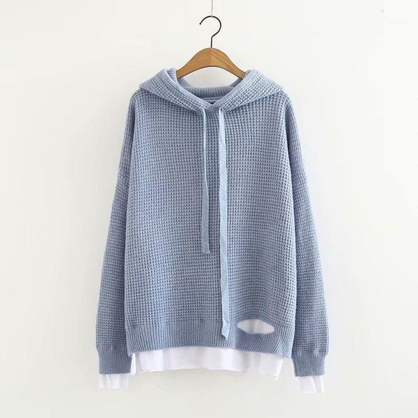 

women's sweaters autumn winter fresh style hooded women vintage drop shoulder loose patchwork fake two pieces knitted pullover waistcoa, White;black