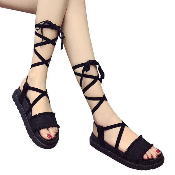 

dress shoes women' sandals casual open toe flat thick bottom cross-strap roman chaussure plate femme printemps ete #4, Black
