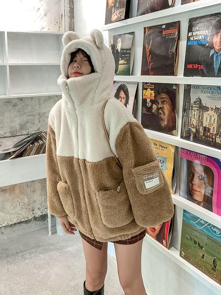 

women's fur & faux 2021 winter women cute bear ears hooded coats female lamb plush jackets ladies loose warm patchwork overcoats y903, Black