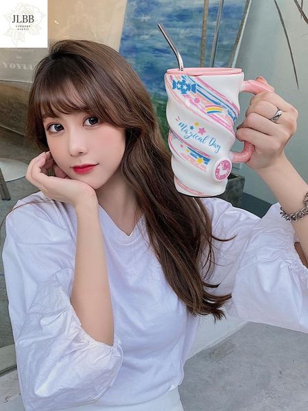 

mugs water cup women's office with ceramic cute super-green creative girl personality mug cover spoon trend