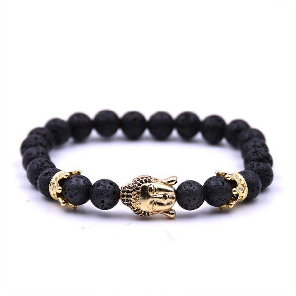

micro pave cz buddha head crown jewelry black lava natural stone bracelet men charm bracelets & bangles pulseras beaded, strands