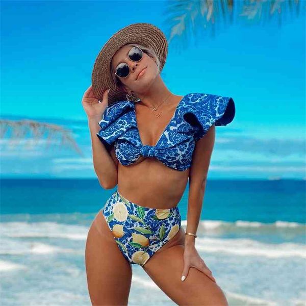 

arrivals blue and white porcelain bikini set shoulder ruffle swimwear women swimsuit high waist bathing suit beachwear 210728, White;black