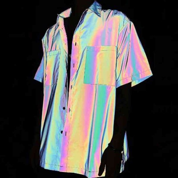 

Men's Shirts Spring summer men short shirt street hip blouse man rainbow reflective clothing O75J, White;black
