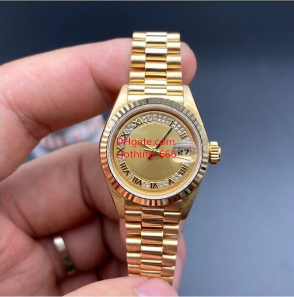 

luxury women watch roman diamond dial 69178 26mm big magnifier waterproof automatic yellow gold steel bracelet classic sapphire watches, Slivery;brown
