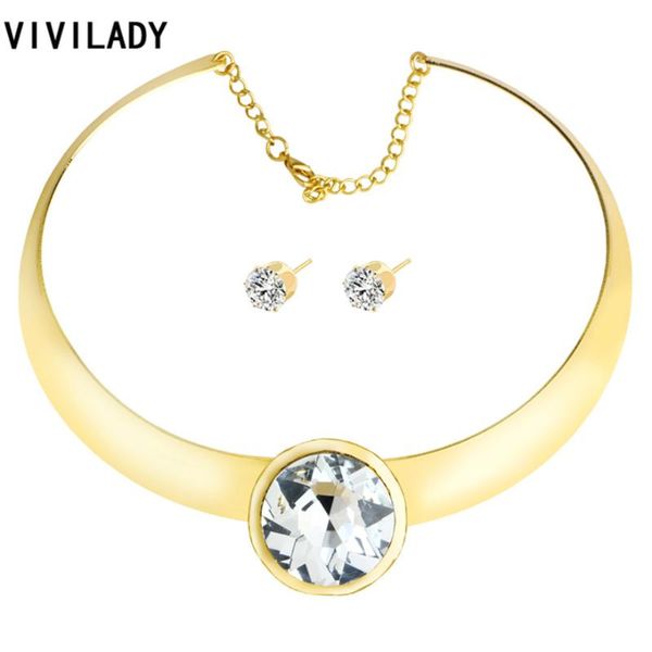 

earrings & necklace vivilady fashion jewelry sets statement chokers necklaces austrian big crystal bijoux femme women wedding party gifts, Silver