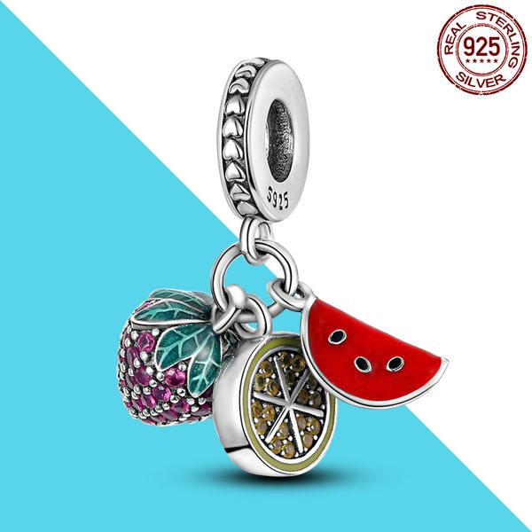 

strawberry watermelon lemon dangle charms 925 silver fit original pandora bracelet diy fruit charm bead for jewelry making, Black