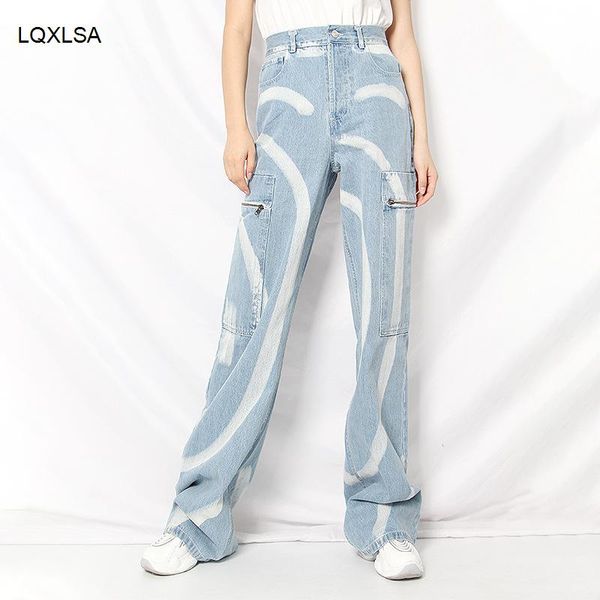 

casual asymmetrical women jeans high waist painted hit color irregular denim wide leg pants for female clothing fashion tide women's, Blue