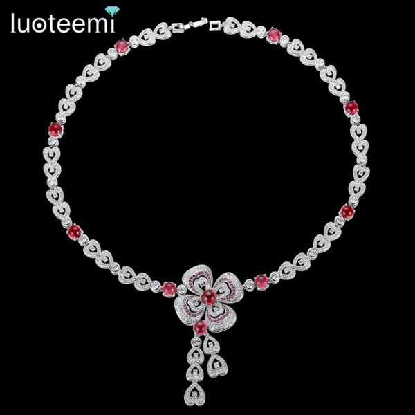 

pendant necklaces luoteemi cubic zirconia flower wedding statement necklace jewelry for bridals luxury factory wholesale, Silver