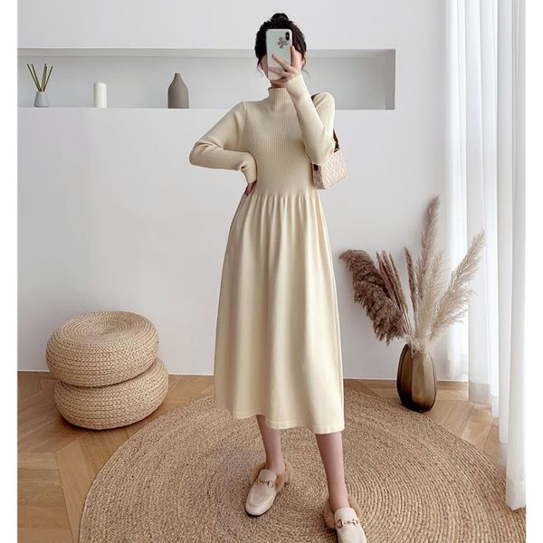 

casual dresses one-piece autumn winter women dress vintage turtleneck long sleeve office lady solid all-match knitted sweaters, Black;gray