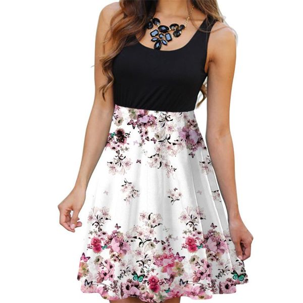 

casual dresses summer dress women vintage floral print female sleeveless o-neck elasticity ladies splicing a-line party, Black;gray