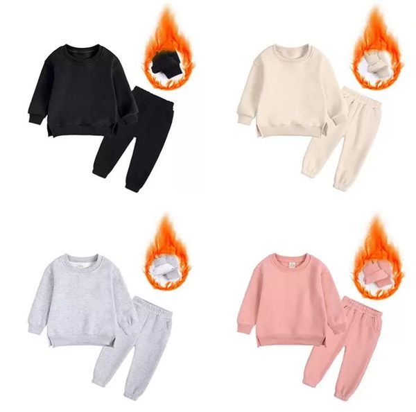 

autumn long sleeve kids clothing sets children tracksuit outfits plus velvet warm suit, White