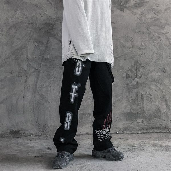 

streetwear printed straight loose women capris casual dark fun funeral pendant drag wide leg bottom, Black;white