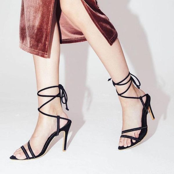 

fashion ladies european and american diamond-studded straps stiletto large size pointed toe female high-heeled sandals dress shoes, Black