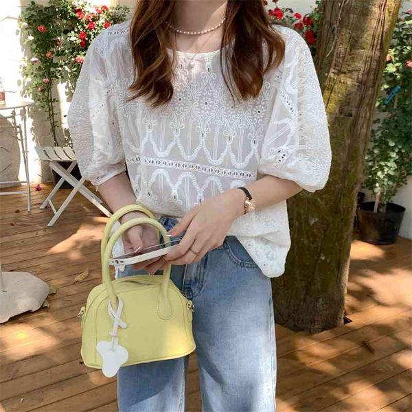 

women's knits & tees chic korean 2021 girls hollow out femme elegant all match prom shirts blouse short sleeves summer party, White