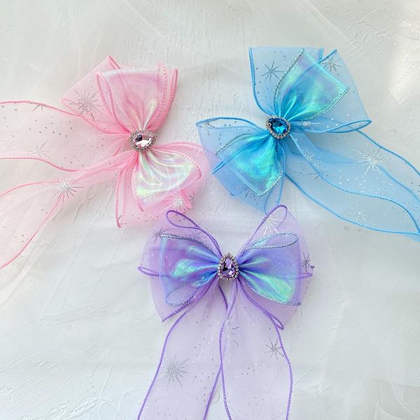 

fashion girls princess bowknot long ribbon hair clip children's headdress hairpin girls' tress with accessaries accessories, Slivery;white