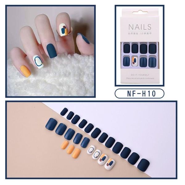 

false nails 24pcs/box ins style short finished wearable diy fake french finger nail art tips manicure with glue, Red;gold