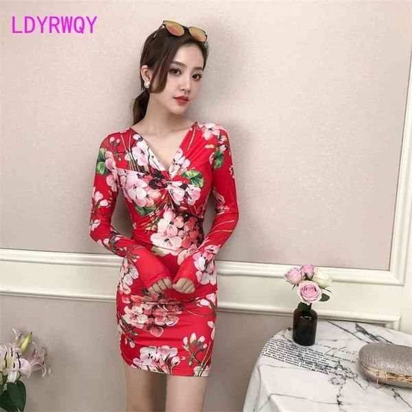 

ldyrwqy women's printed long-sleeved dress v-neck bow tie waist tight-fitting hip elastic 210416, Black;gray