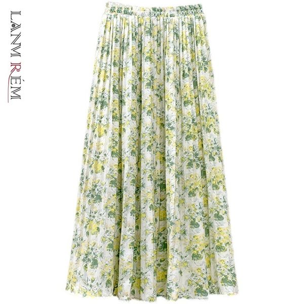 

women floral skirt fashion summer long elastic high waist s female double layers pleated 2d1483 210507, Black
